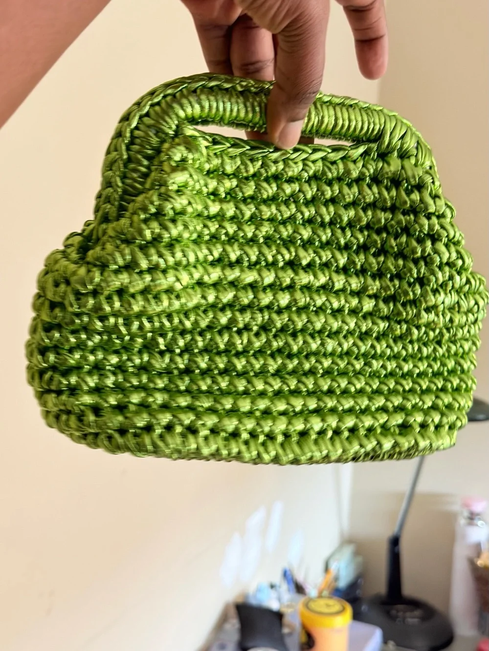 Green Woven Handbag — Women's Crochet Top-Handle Bag
